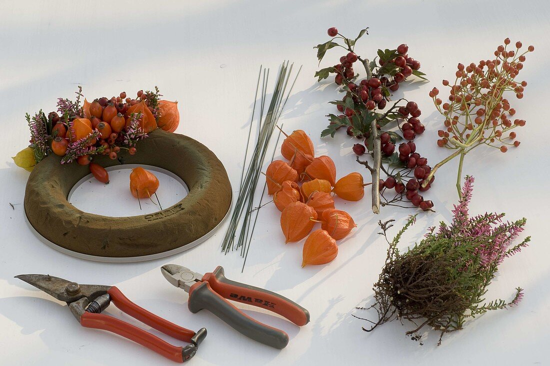 Make a wreath with lanterns and rose hips (1/2)