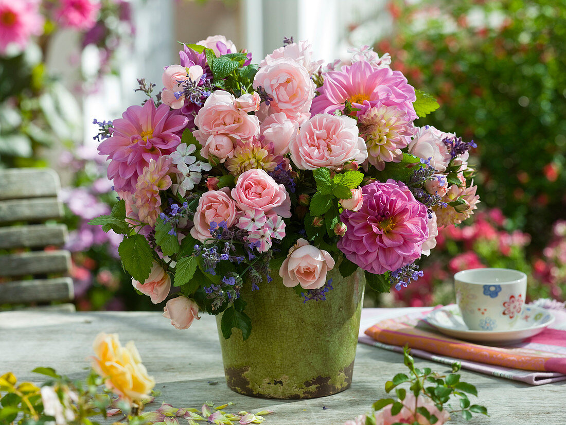 Late summer bouquet with roses, Dahlia