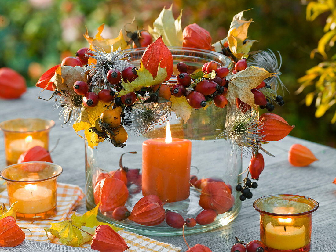 Lantern with rosehips and lanterns