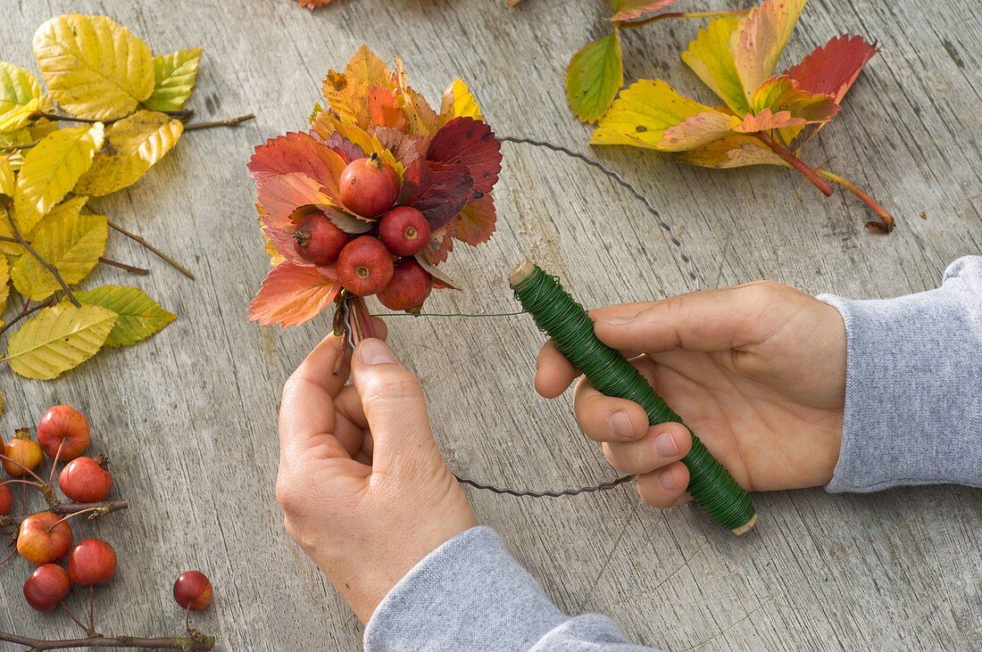 Wreath made of ornamental apples and leaves