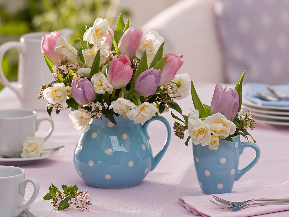 Mixed bouquets of Tulipa, Narcissus 'Bridal Crown'