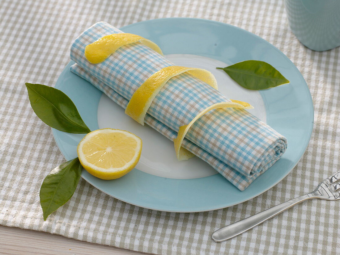 Citrus limon (lemon), slice, leaves, peel and zest as napkin decoration