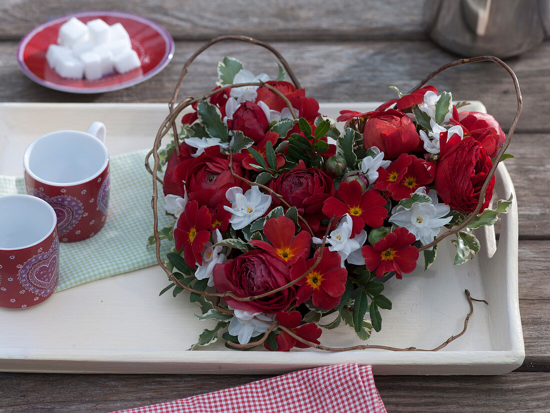 Red-white spring heart pinned out of Ranunculus, Primula