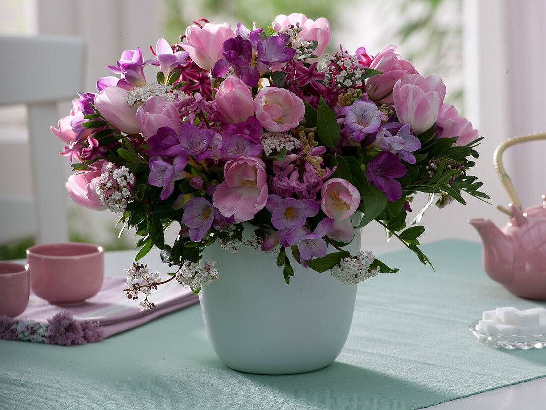 Spring bouquet with Tulipa, Freesia, Hyacinthus