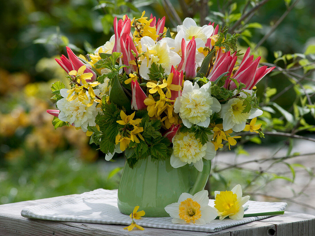 Bouquet of Tulipa 'Lady Jane', Narcissus, Forsythia