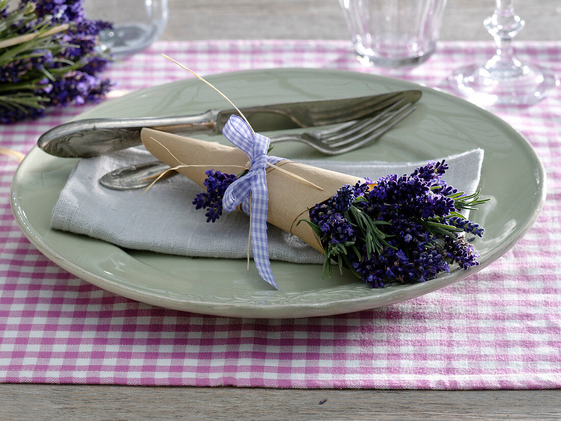 Small lavandula (lavender) bouquet in paper bag