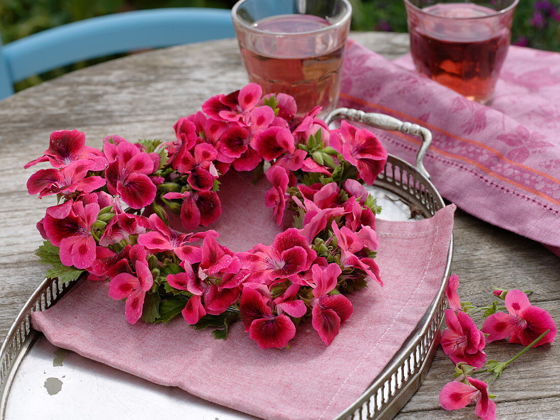 Heart of flowers of light red geranium