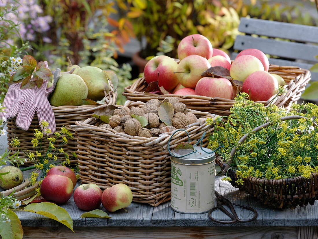 Baskets filled with fruits on table