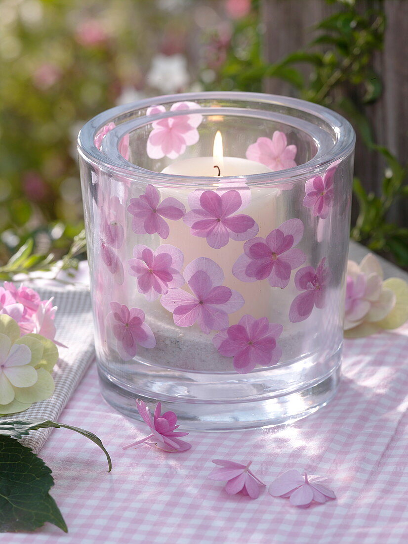 Lantern with pressed hydrangea flowers