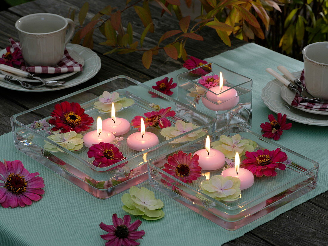 Table decoration with glass floating bowls