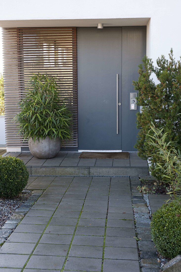 House entrance with modern grey front door