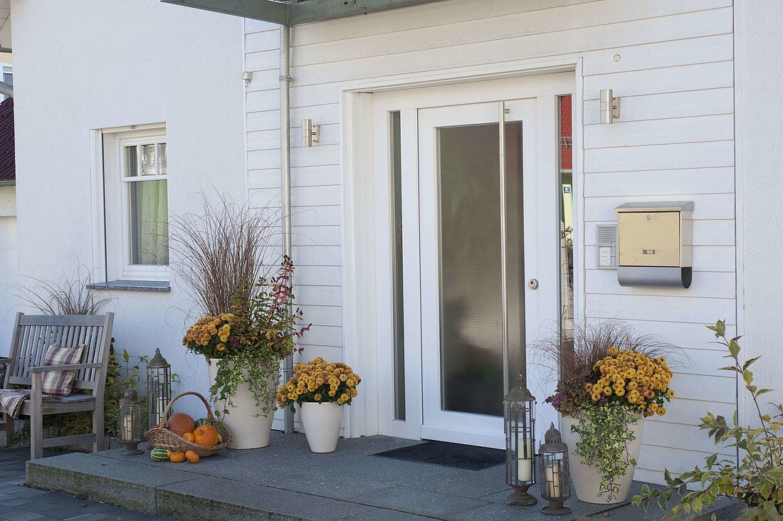 White front door with granite slab landing