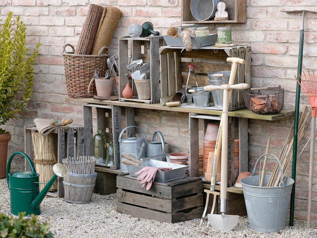 Pot place built from old wine crates and boards