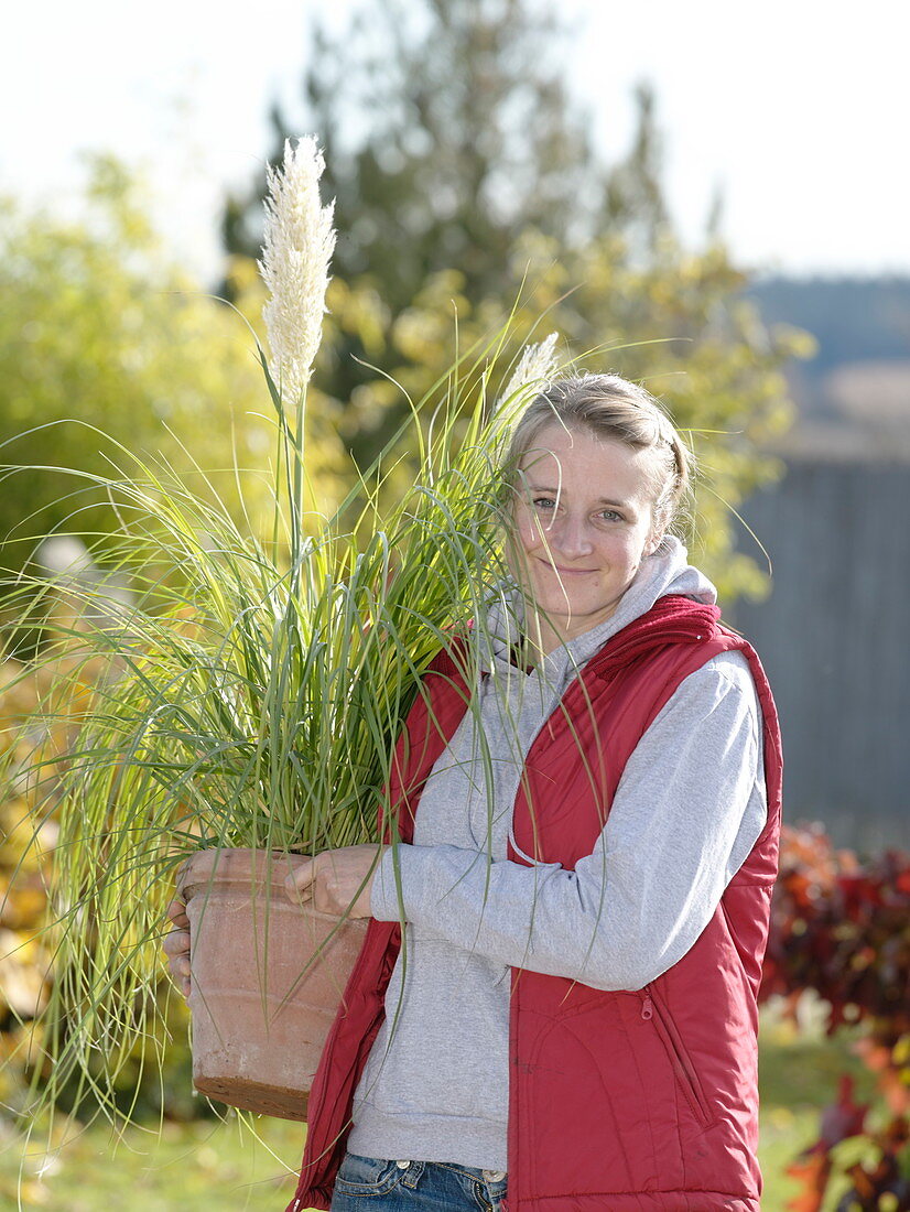 Woman holding Cortaderia selloana 'Pumila' (mini pampas grass) in her arms