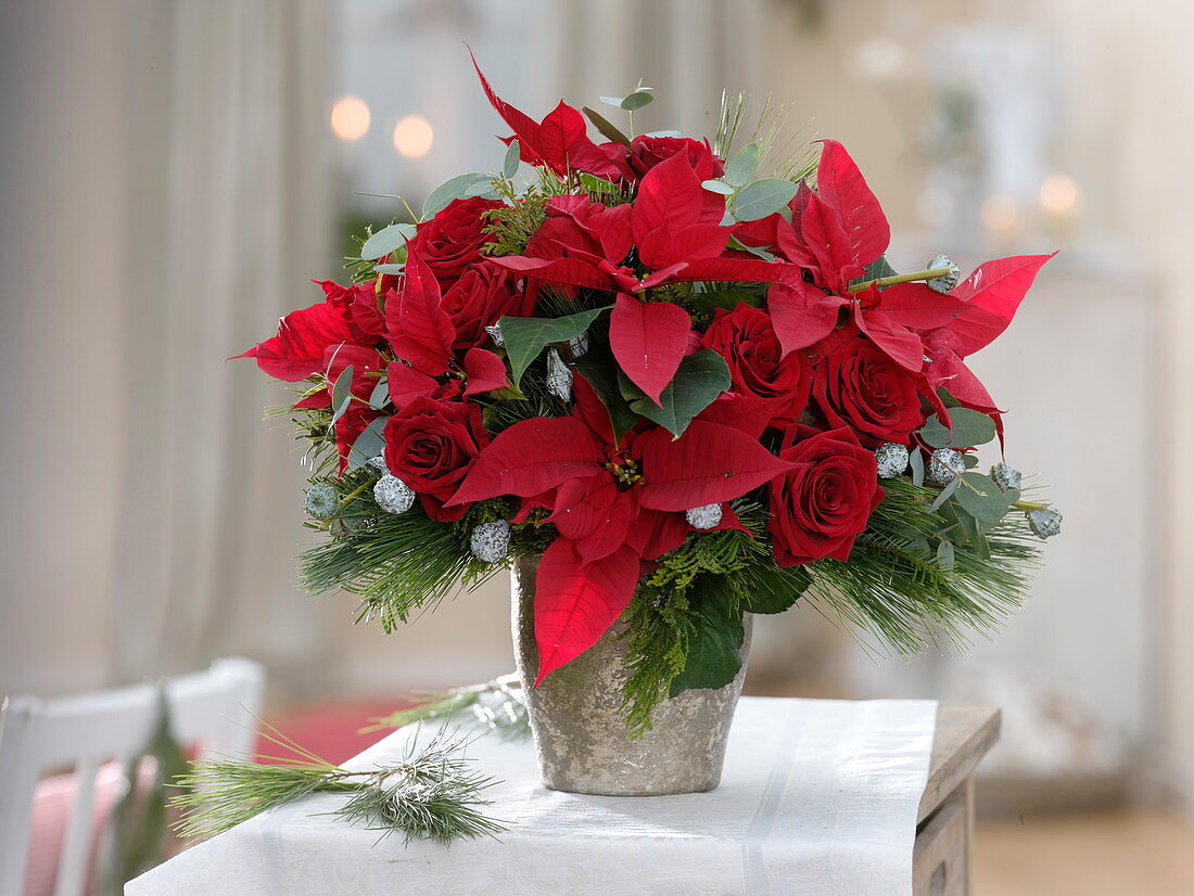 Winterlicher Strauß aus Rosa (Rosen), Euphorbia (Weihnachtsstern)