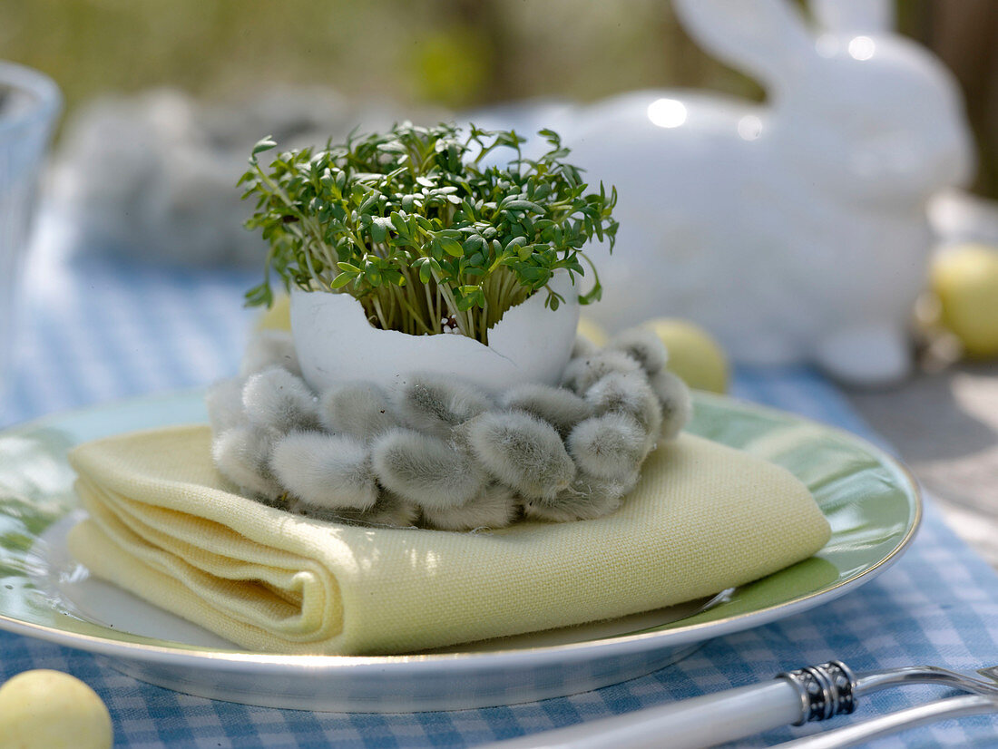 Easter table decoration with cress eggs and willow catkins