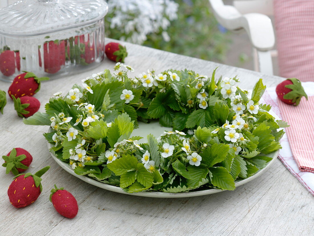 Wreath of flowering Fragaria vesca (wild strawberries)