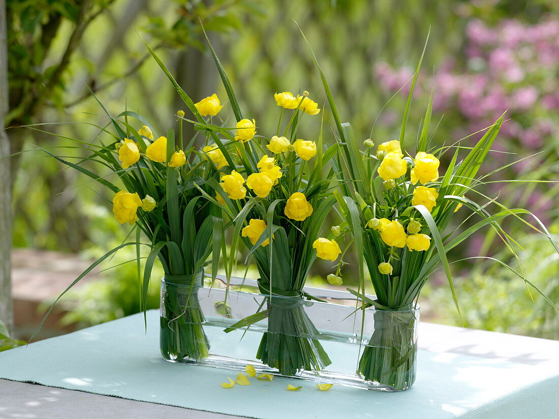 Kleine Sträuße aus Trollius europaeus (Trollblumen) und Miscanthus