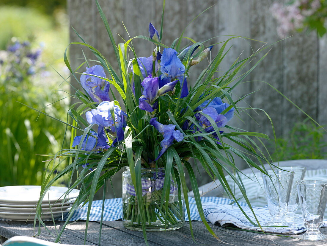 Bouquet of Iris barbata (iris) and Miscanthus sinensis (Chinese reed)