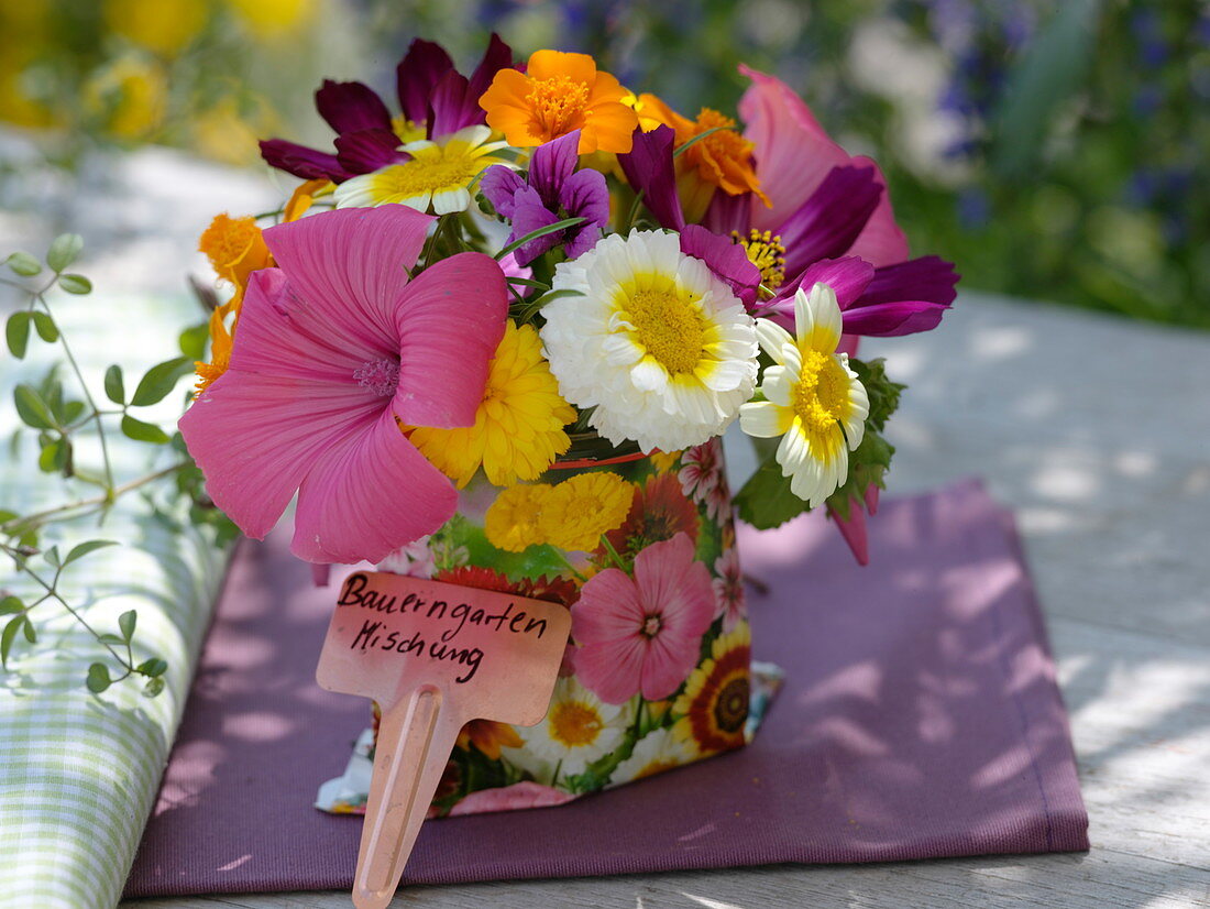 Small cottage garden bouquet of annual summer flowers