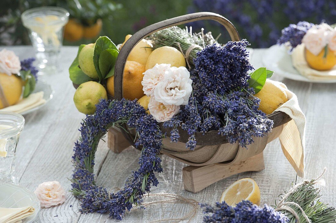 Lavender, roses, lemons, table decoration