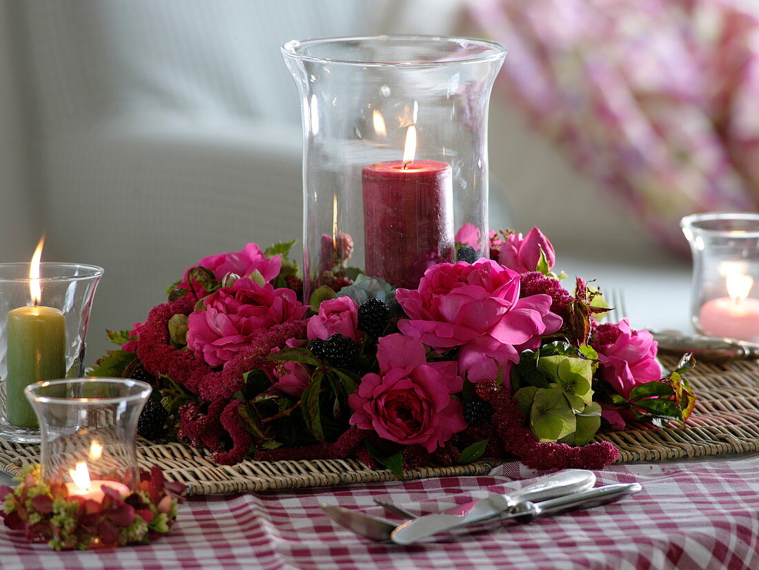 Late summer wreath with pink (roses), blackberries (rubus), amaranthus