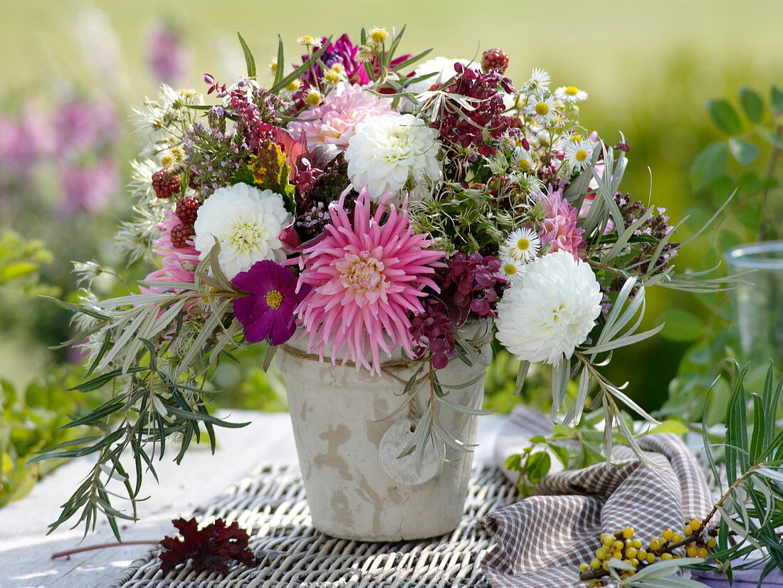 Late summer bouquet with Dahlia, Atriplex, Erigeron