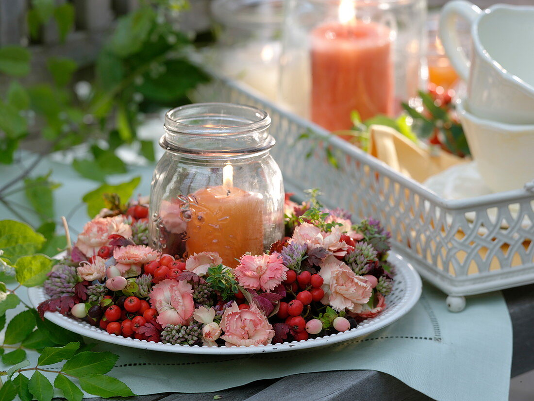 Canning jar as lantern in late summer wreath