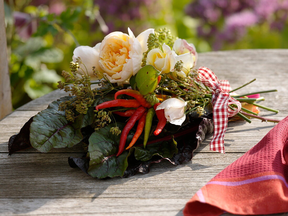 Edible late summer bouquet: Pink (Roses), Chard (Beta vulgaris)