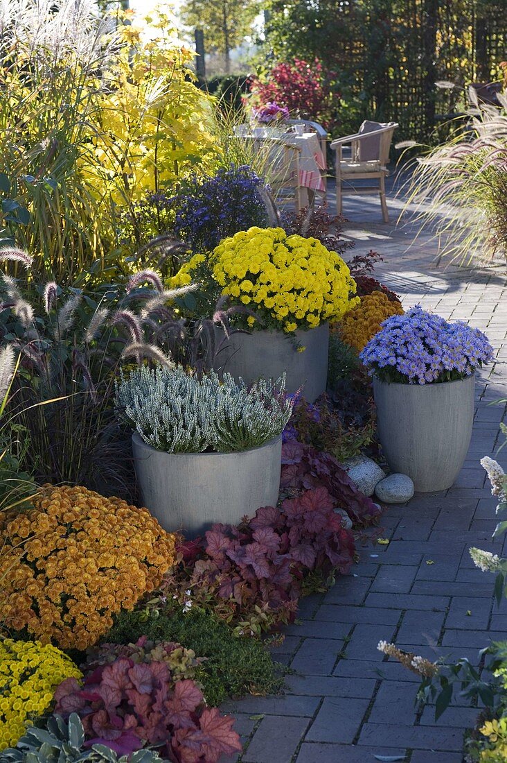 Autumn terrace terrace with planted pots pepped up