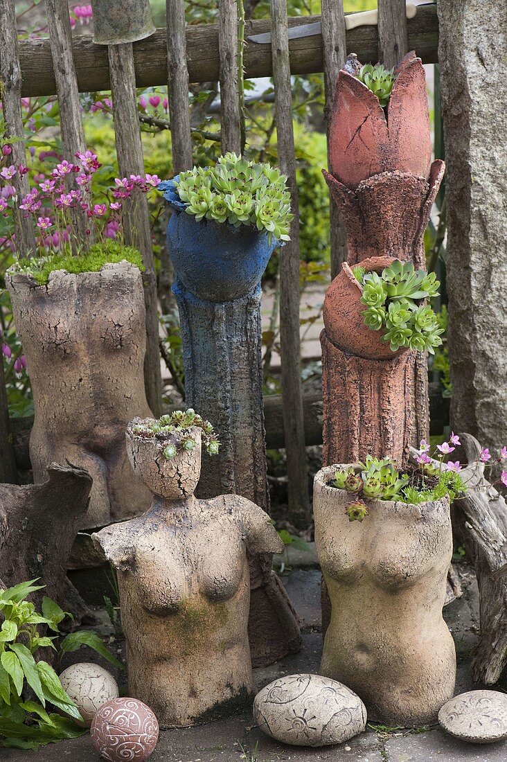 Artist's garden: potted art objects on the fence