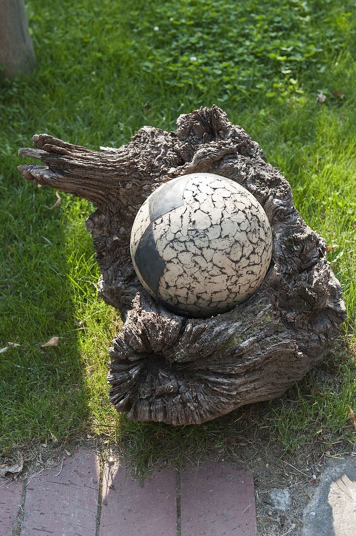 Artist's garden: Sphere in root bed