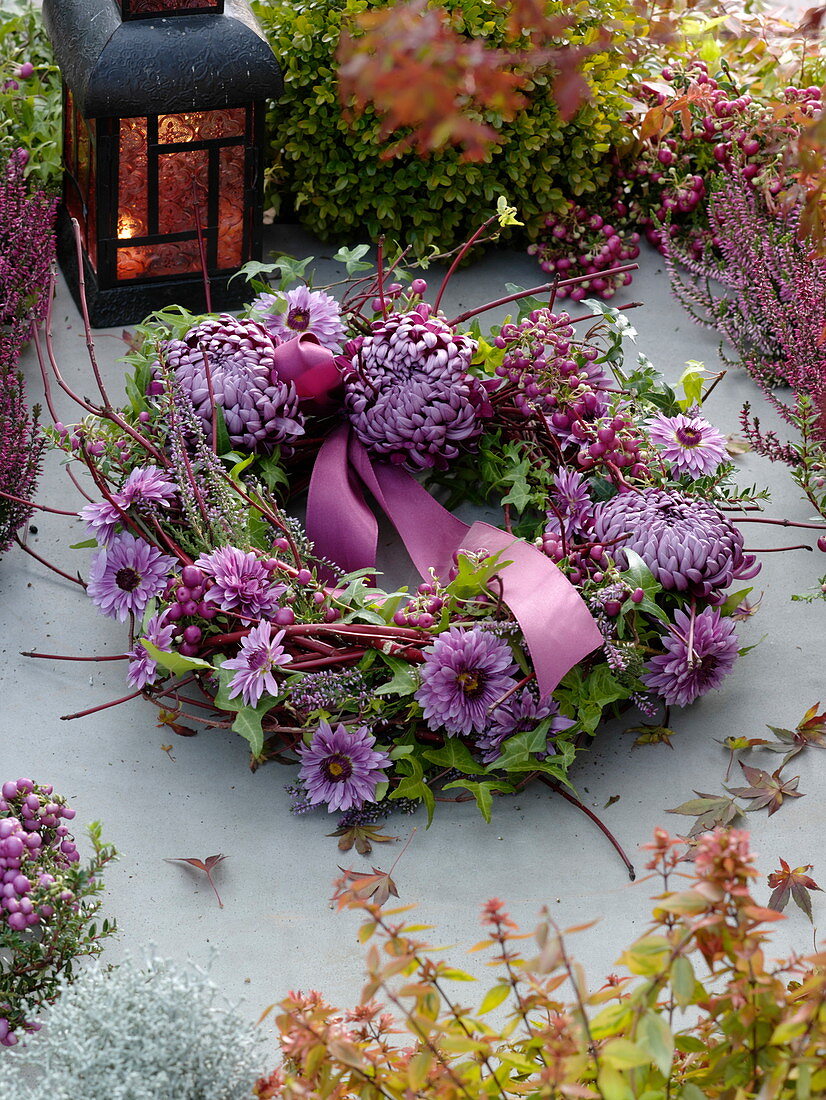 Allerheiligenkranz aus gewundenem Cornus (Hartriegel) mit Chrysanthemum