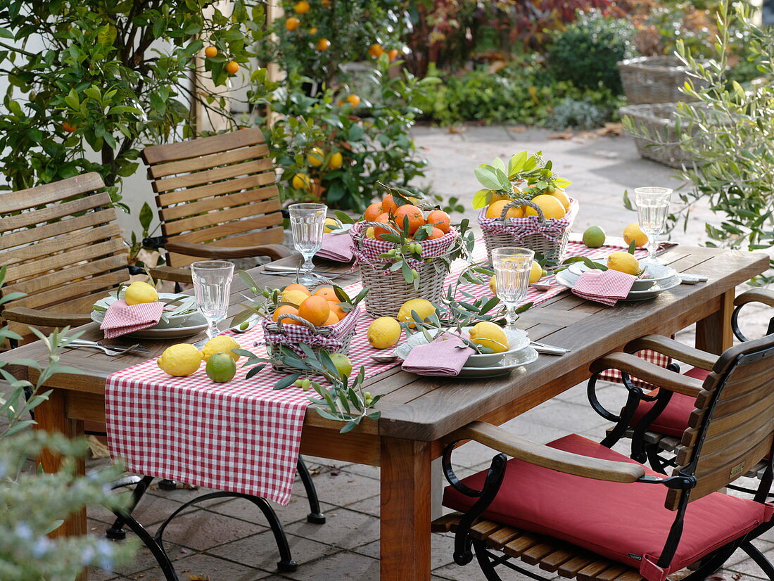 Table decoration with citrus fruits and olives