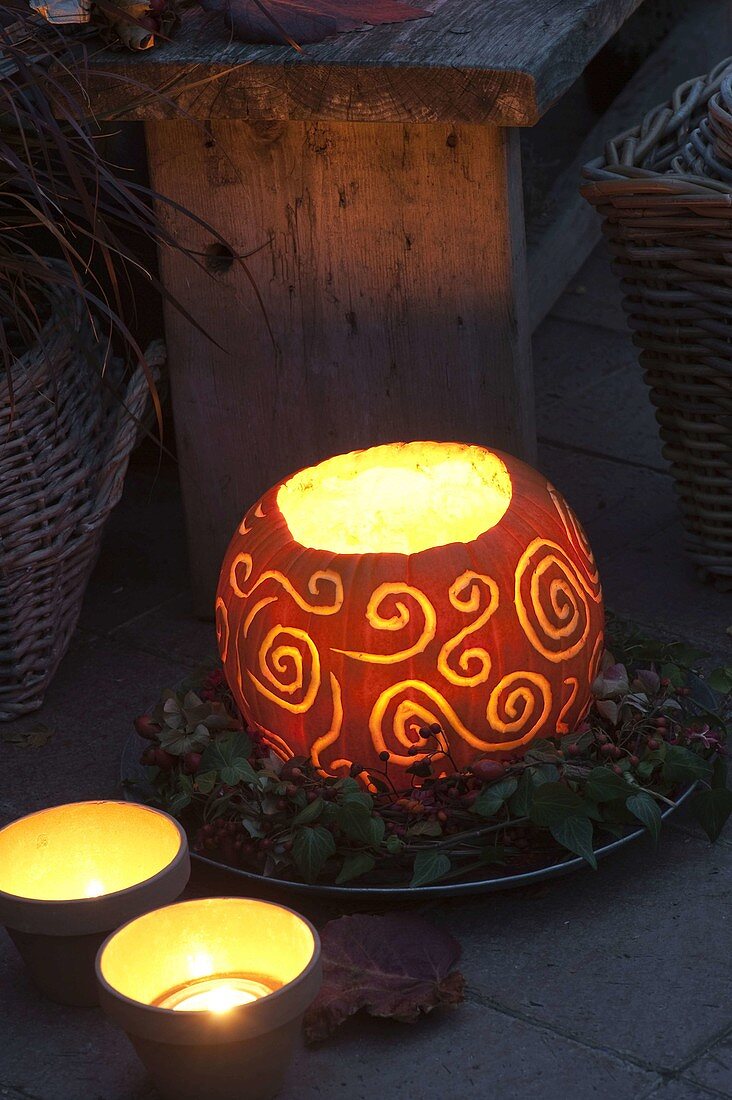 Luminous pumpkin (Cucurbita), decoratively carved, in wreath of Hedera