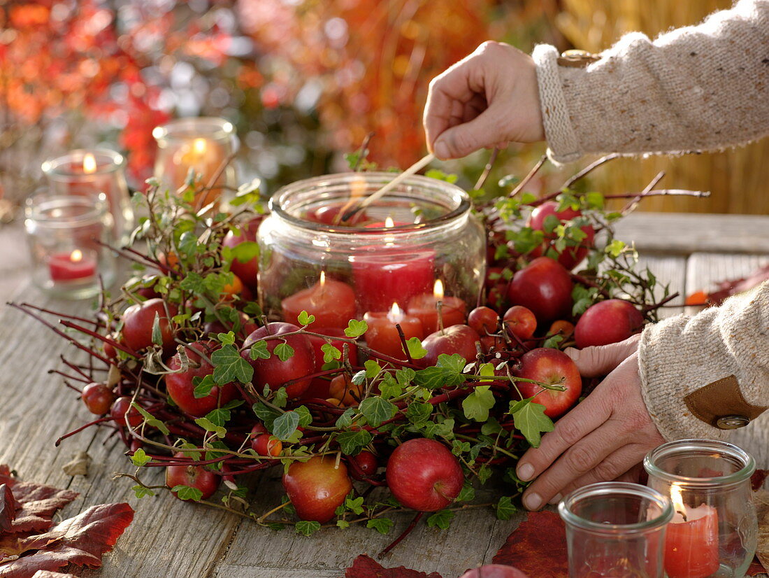 Wreath of Cornus (dogwood twigs), Hedera (ivy tendrils) with apples