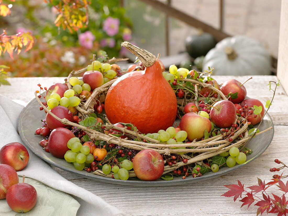 Fruit wreath with pumpkin for harvest festival