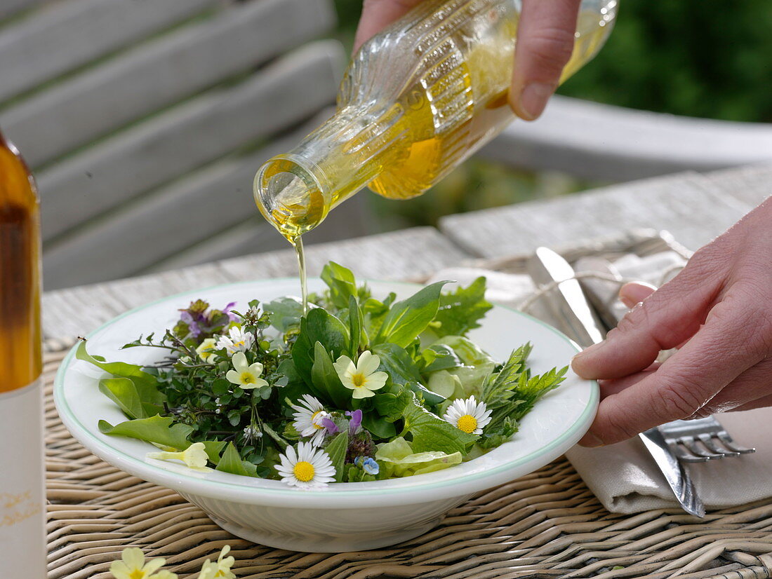 Salad with wild herbs, bellis, primula