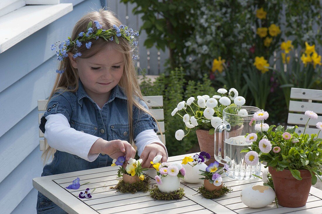 Blown eggs as vases with viola flowers