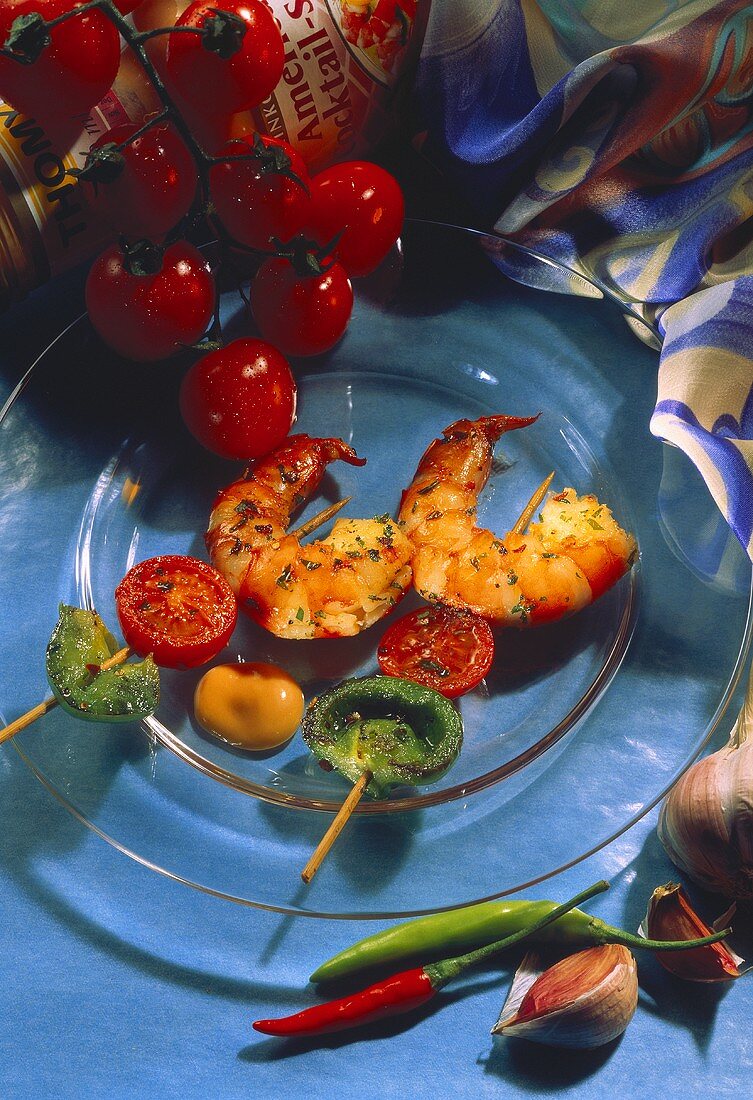 Two Shrimp Skewers with Tomato and Pepper