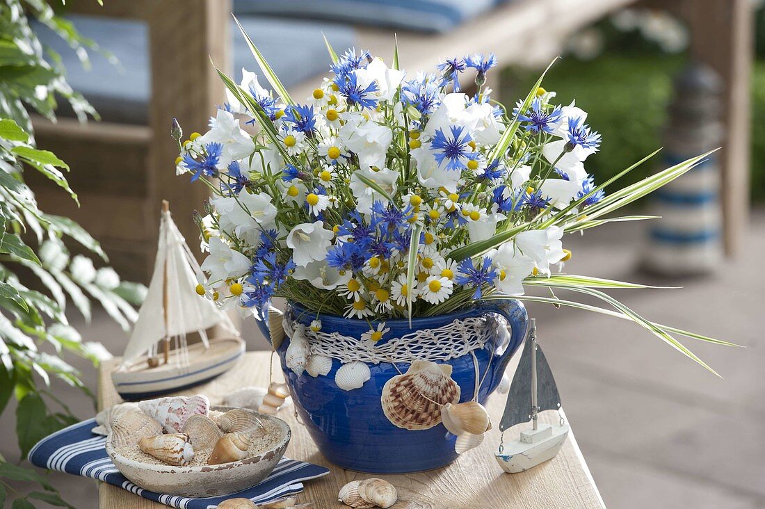 Blau-weißer Frühsommerstrauß: Campanula persicifolia (Glockenblumen)