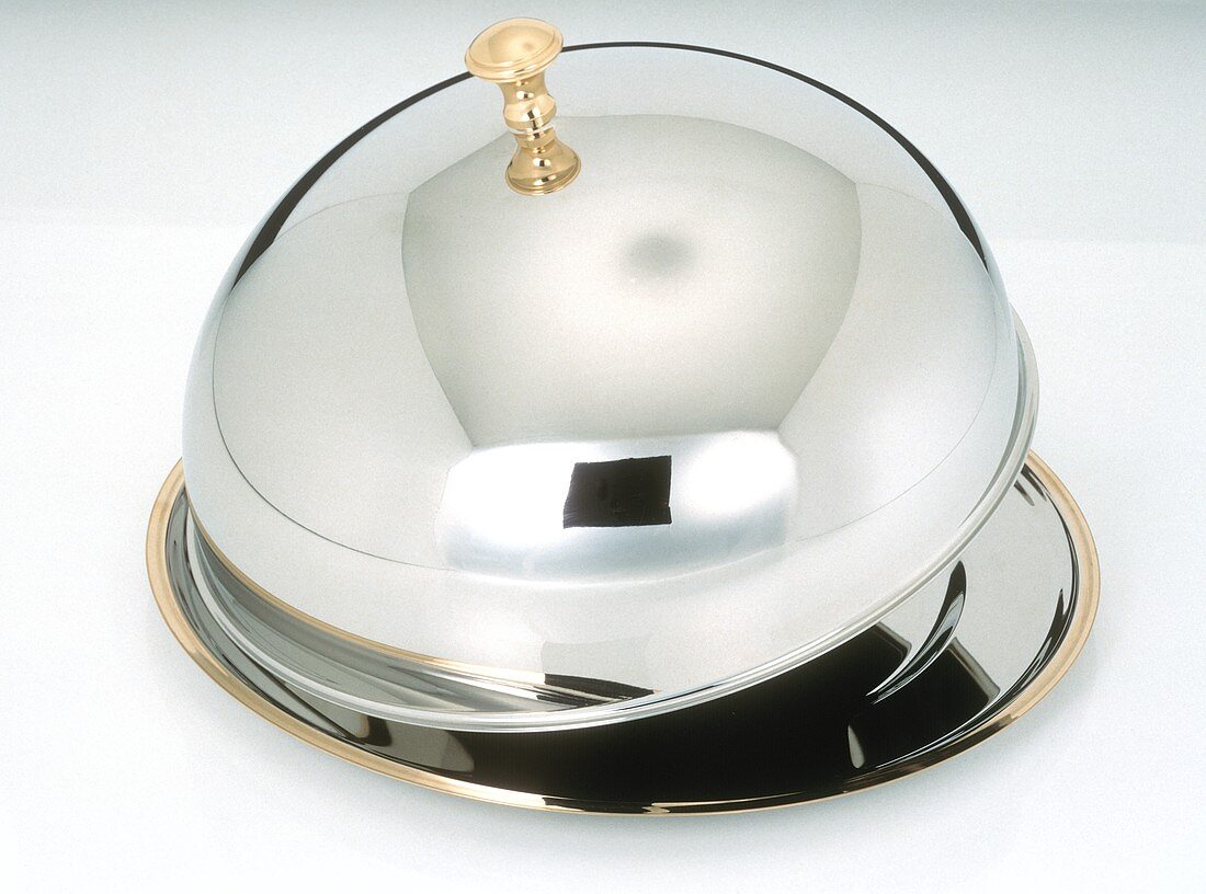 Silver Cloche with Brass Edging; Lid Partly Lifted