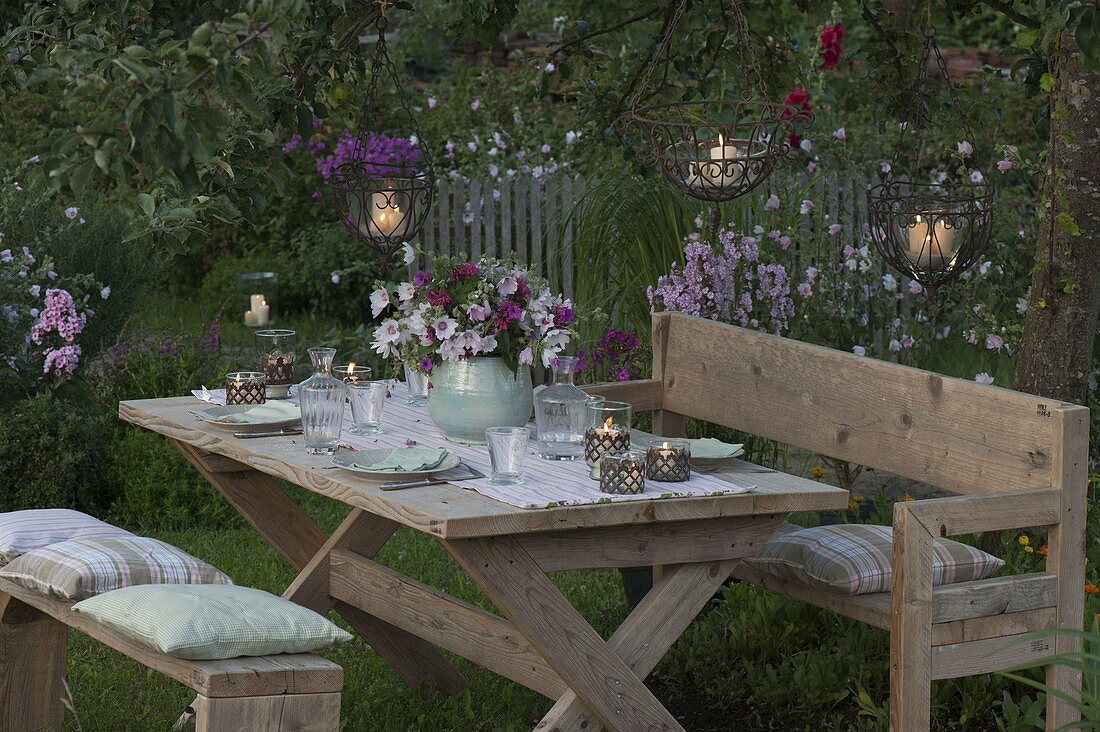 Rustic seating group in the evening garden
