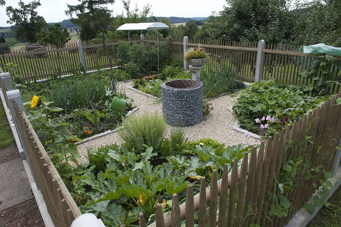 Bauerngarten mit Hanichel-Zaun und Kiesweg