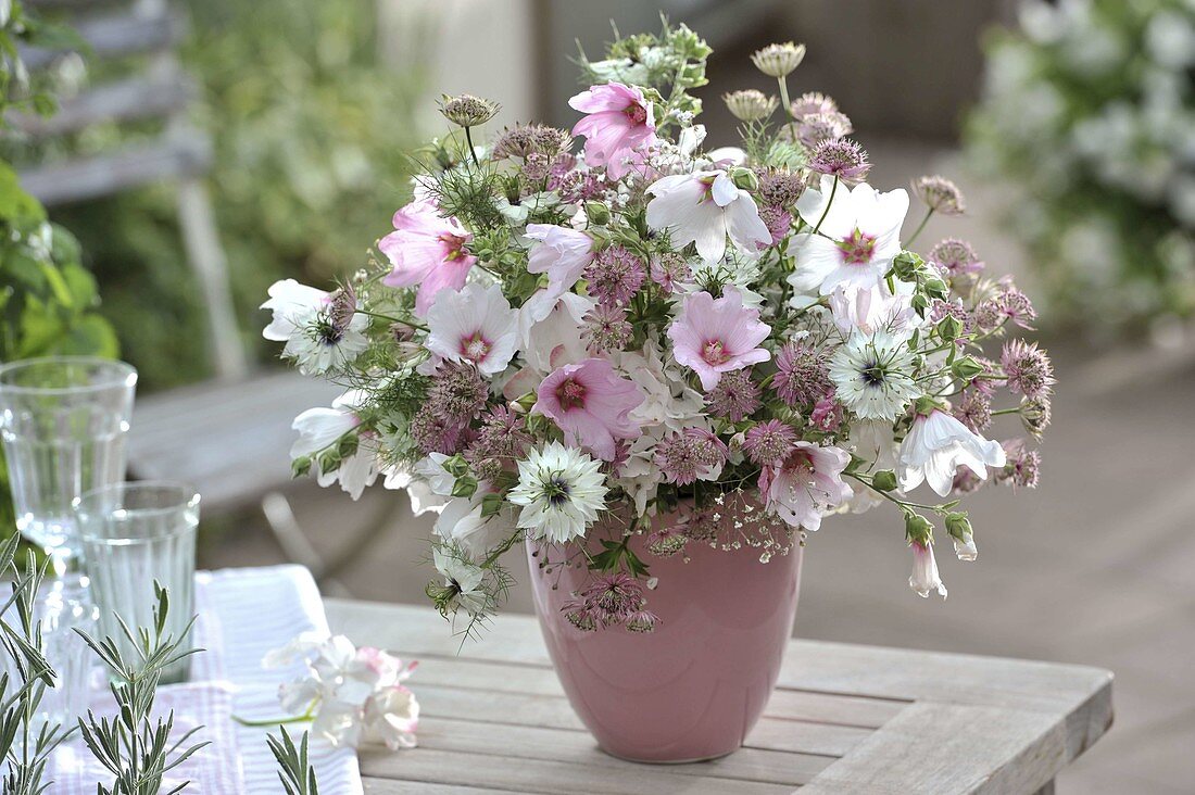 White and pink bouquet with Lavatera (shrub mallow), Astrantia (starflower)