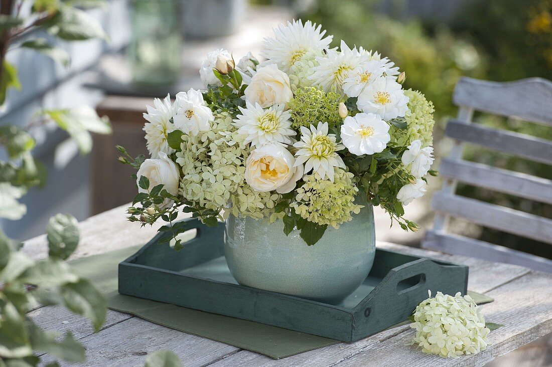 Green and white bouquet with rose, dahlia 'My Love'