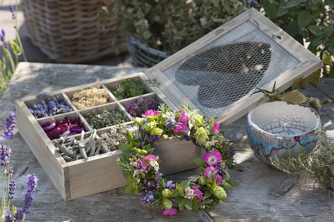 Wooden box with smoked herbs