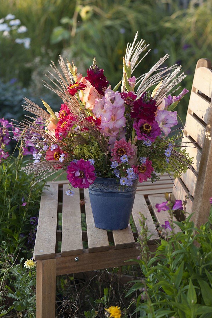 Late summer bouquet: Gladiolus (gladioli), Zinnia (zinnias), Antirrhinum