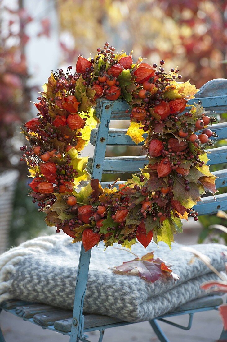 Autumn wreath of physalis (lantern fruit), rose (rosehip)