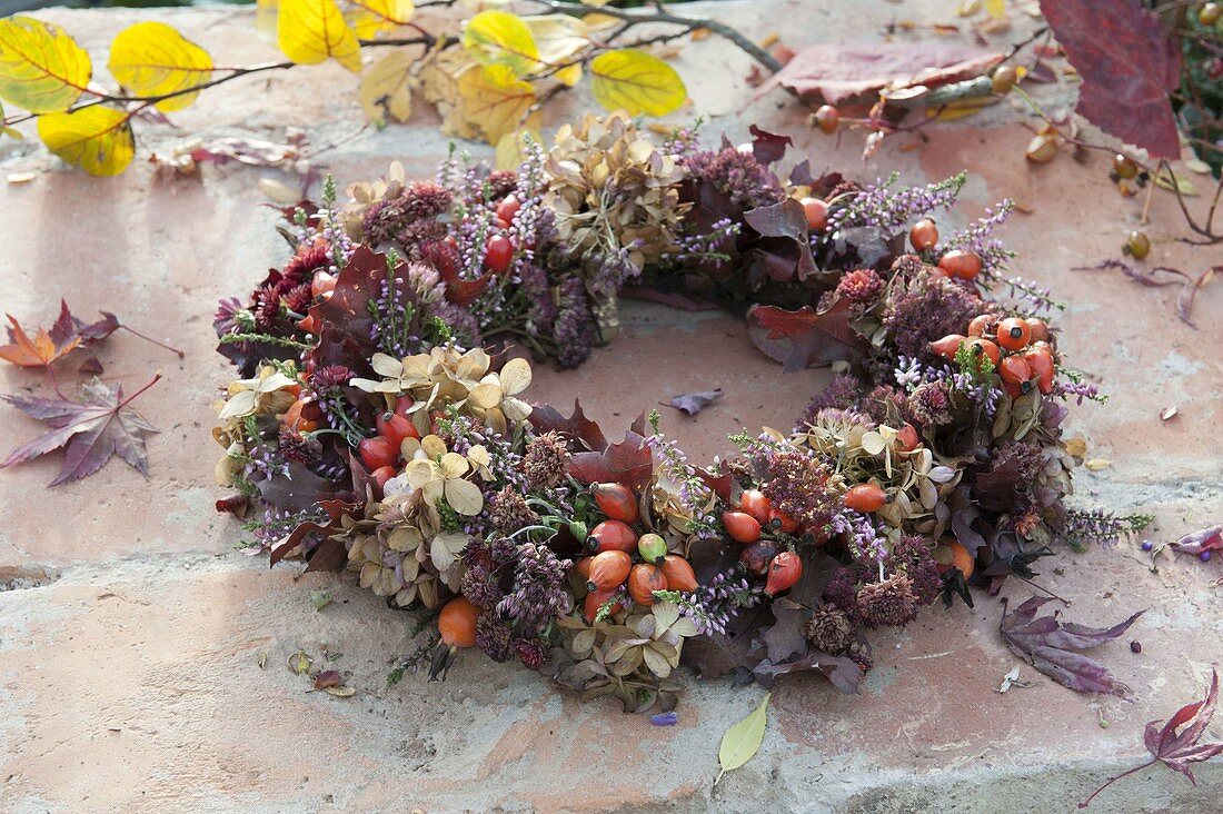 Herbstkranz aus Hydrangea (Hortensie), Rosa (Hagebutten), Sedum